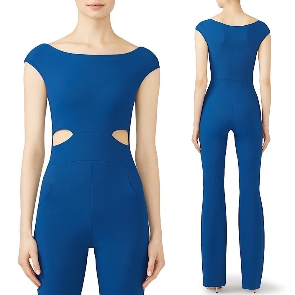 CHIARA BONI Cutout Waist Boatneck Cap Sleeve Flare Leg Fitted Cobalt Jumpsuit 10